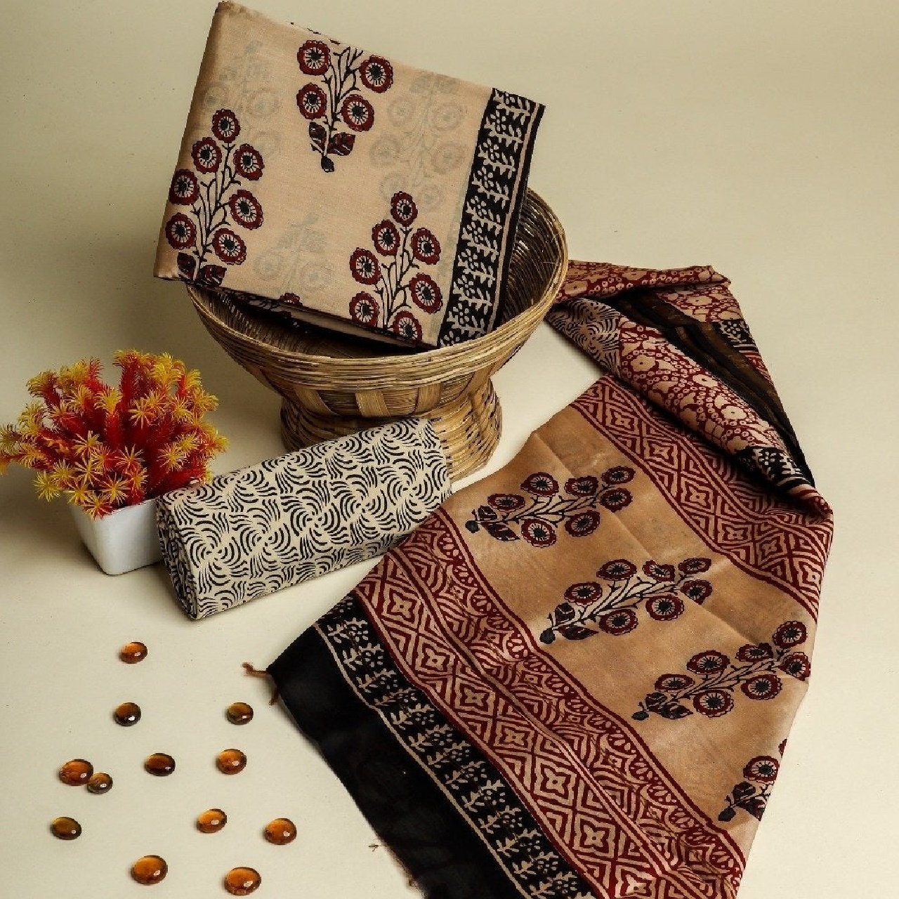 Ethnic Look Super Soft Cotton Hand Block Print Dress Material with Zari  Dupatta